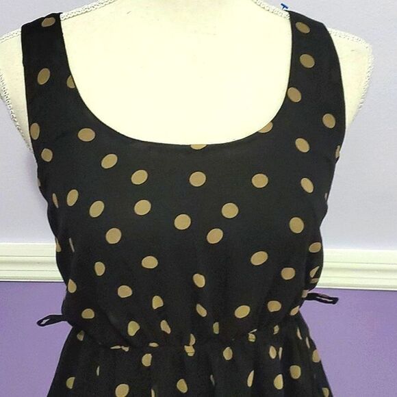 Monteau Black & Tan Polka Dots 60s Vibes Retro Flare Mini Dress - Picture 2 of 9